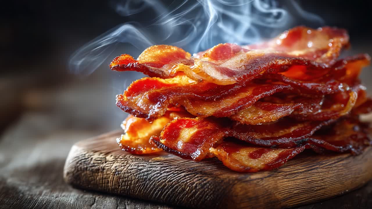 A tempting stack of crispy, sizzling bacon captures the perfect golden-brown hue, releasing tantalizing steam that evokes a mouth-watering breakfast feeling and savory aroma