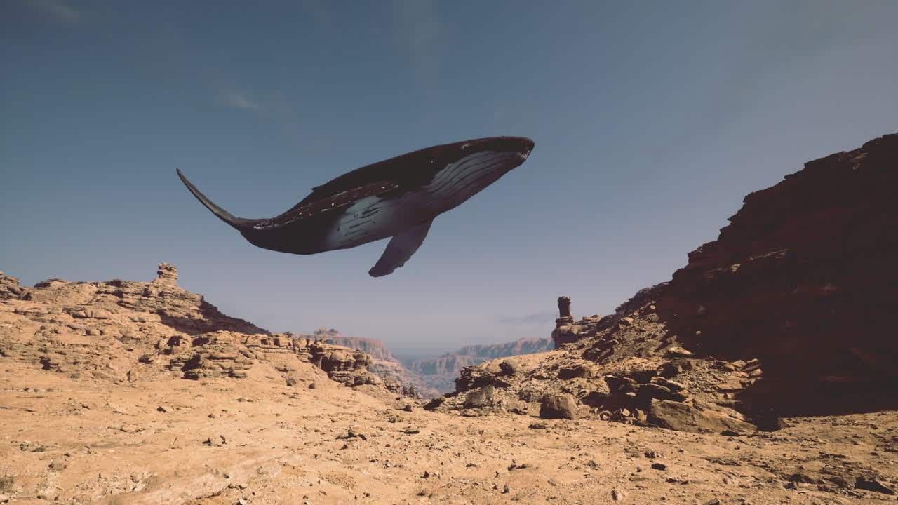 Whale gracefully flying over a desert landscape during daylight hours