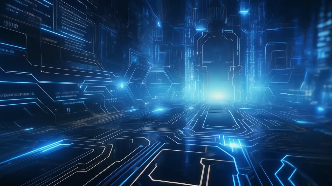 Abstrakt digitalt kretskort med glødende blå linjer