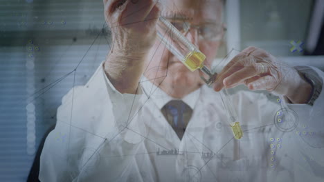 animación de las conexiones sobre el trabajador de laboratorio caucásico senior con la muestra