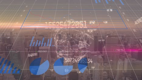 animación del procesamiento de datos financieros y red de conexiones en el paisaje urbano