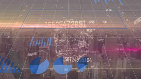 animation of financial data processing and network of connections over cityscape