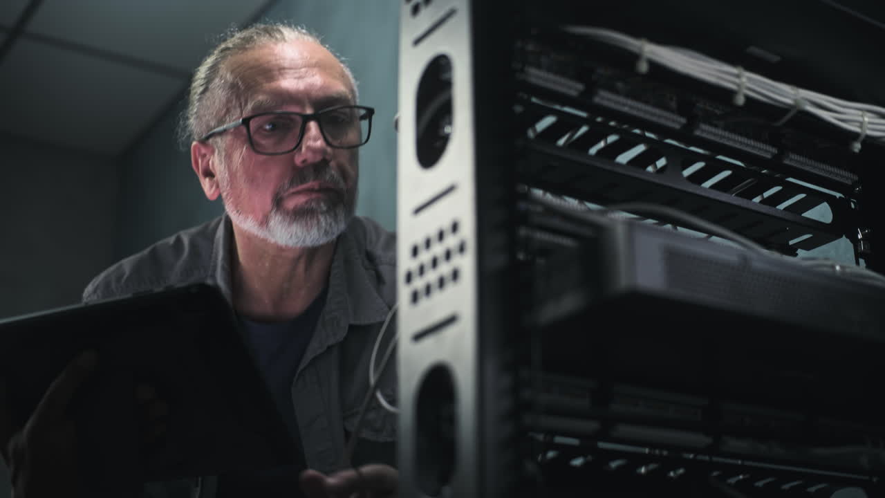A male IT professional inspects server racks in a data center while holding a tablet