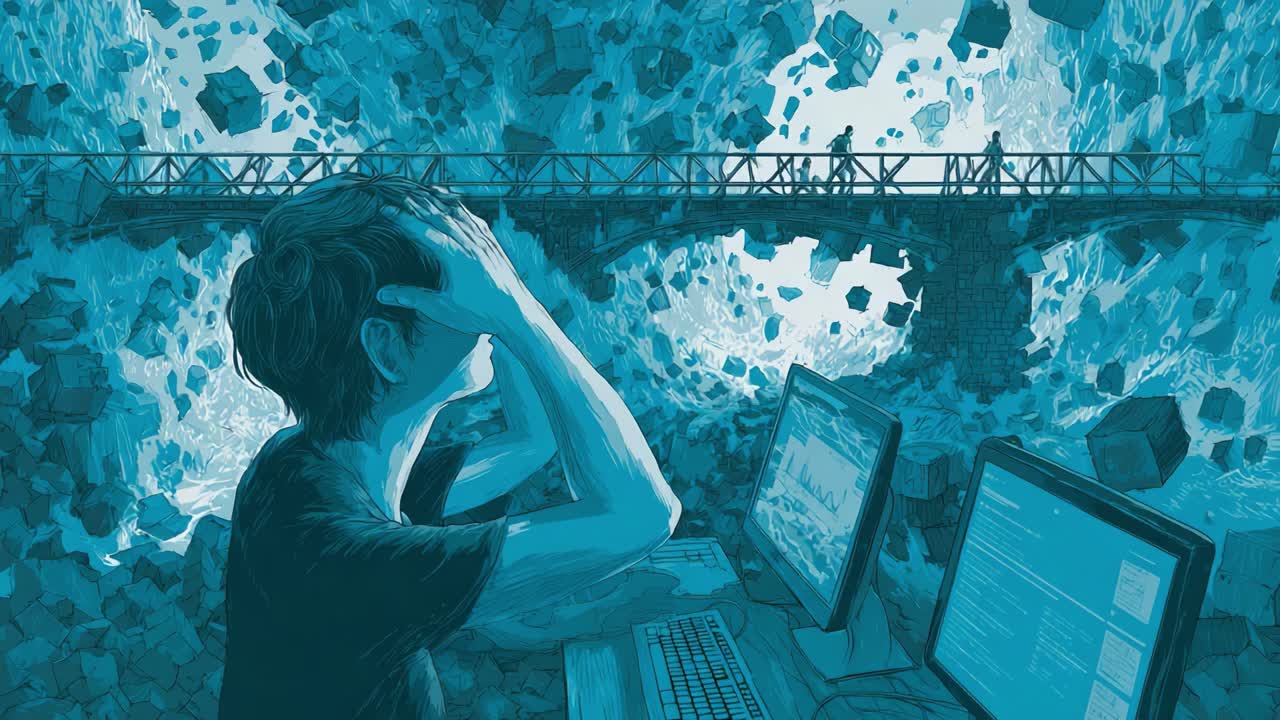 In a chaotic digital landscape, a person sits at a desk overwhelmed by data and stress, grappling with the challenges of information overload as surreal cubes hover in the air, symbolizing confusion and turmoil
