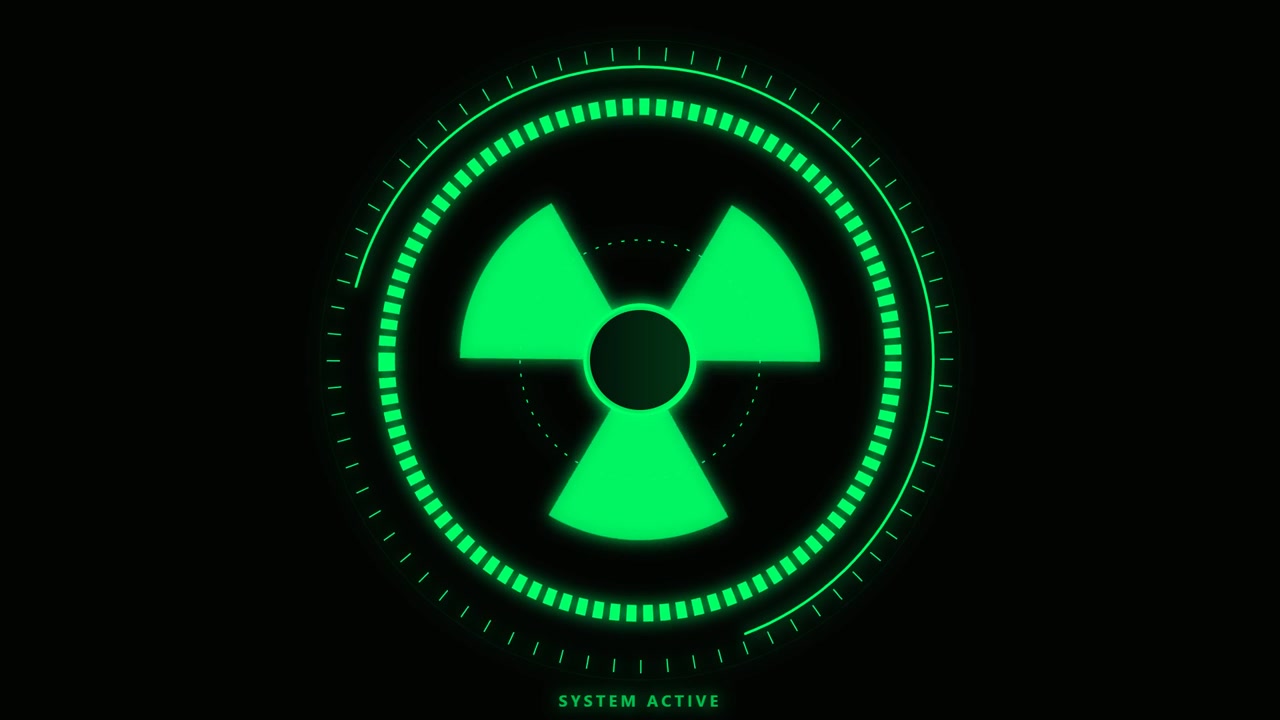 Zelený digitální symbol radiace – rozhraní HUD