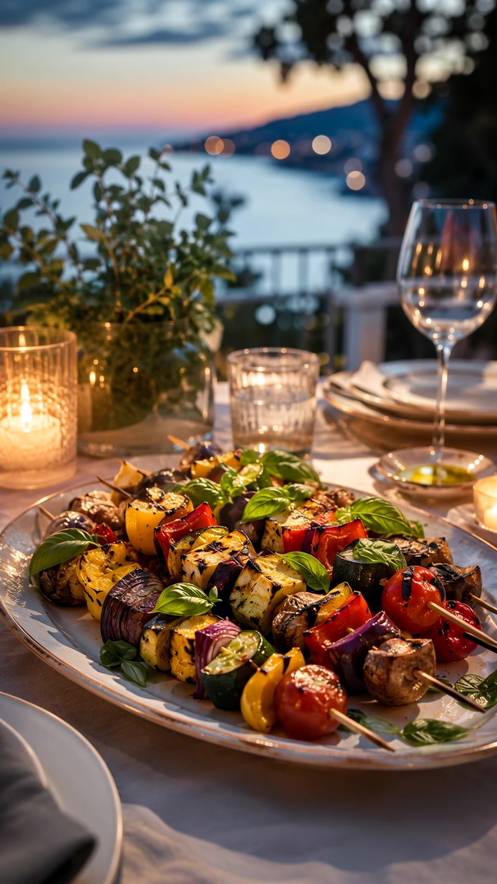 Zucchine, melanzane, peperoni, funghi, cipolle e pomodori colorati sono disposti su spiedini di legno mentre la luce delle candele riscalda il tavolo accanto all'acqua calma sotto un cielo serale che svanisce.