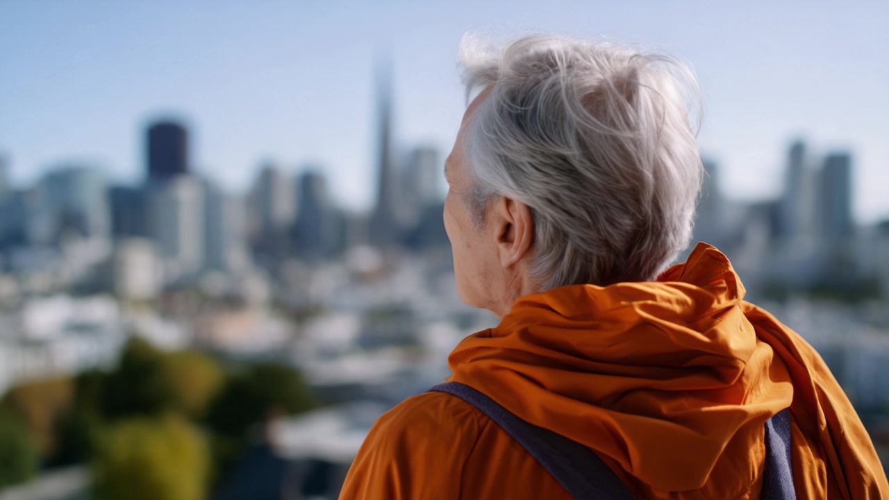 Una persona anziana contemplativa con una felpa arancione con cappuccio osserva serenamente lo skyline della città, catturando un momento di riflessione e connessione con il paesaggio urbano.