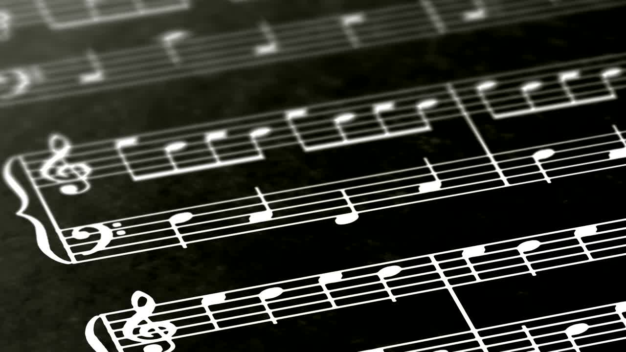 Musical notes on the page. Looping footage has 4K resolution.