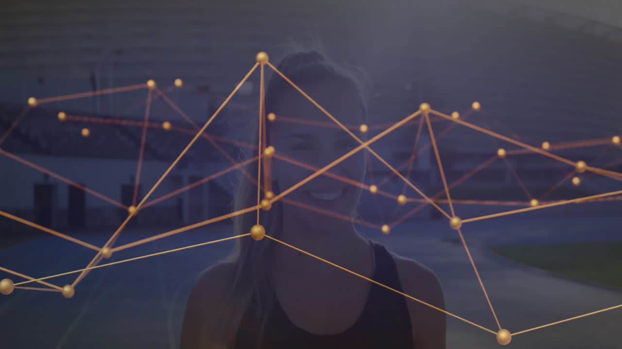 woman standing on sports track showcasing animated golden network overlay for sports analytics