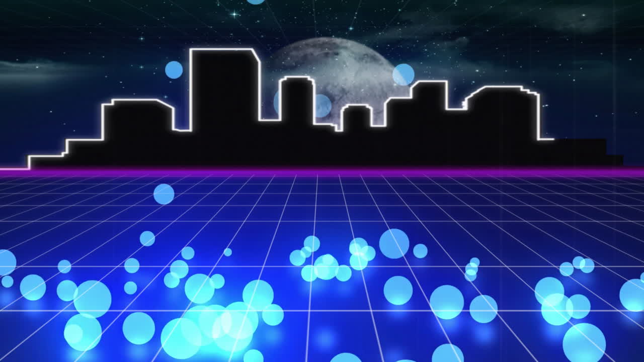 Retro cityscape with glowing grid and floating blue circles animation