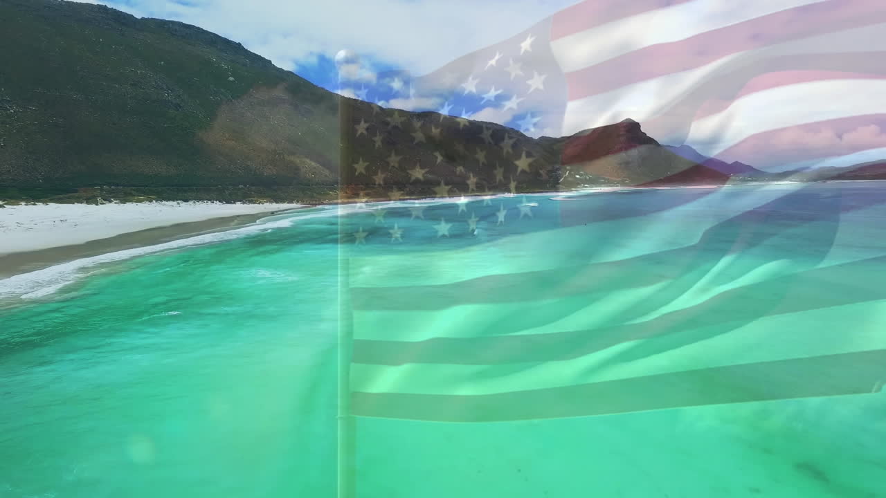 composición digital de agitarnos la bandera contra la vista aérea de la playa