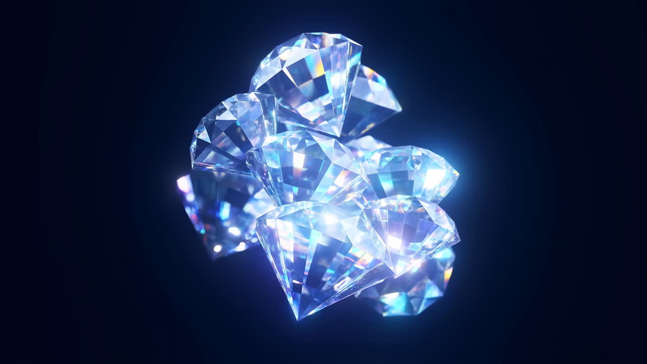 Kluster av gnistrande diamanter som reflekterar ljus på mörk bakgrund.