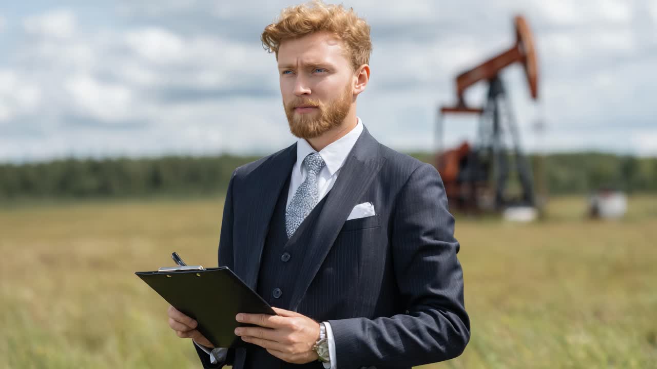 A professional individual observes the oil field environment, equipped with a clipboard, highlighting the intersection of business and natural resources in modern industry