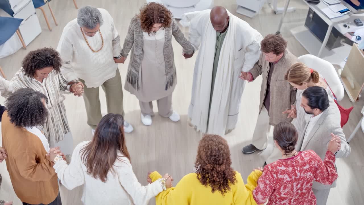 Gathered in Unity: A Diverse Group of Individuals Holding Hands in a Circle, Engaged in a Moment of Reflection and Connection, Showcasing the Power of Togetherness and Shared Intentions