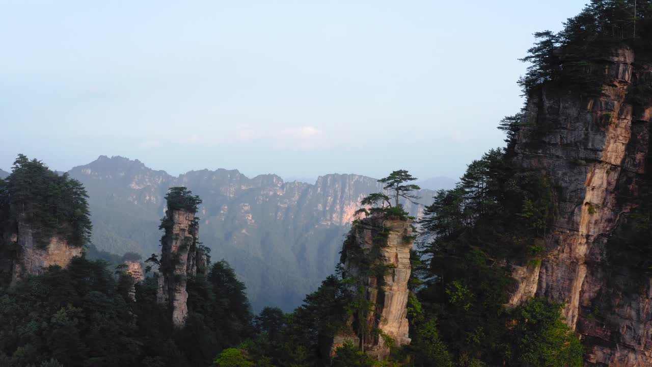 Catena montuosa di Zhangjiajie con alberi in cima al tramonto
