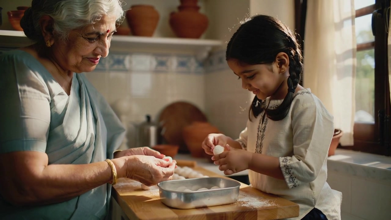 Starting grandma in blue sari shaping dough at kitchen, teaching girl in tunic placing in tray