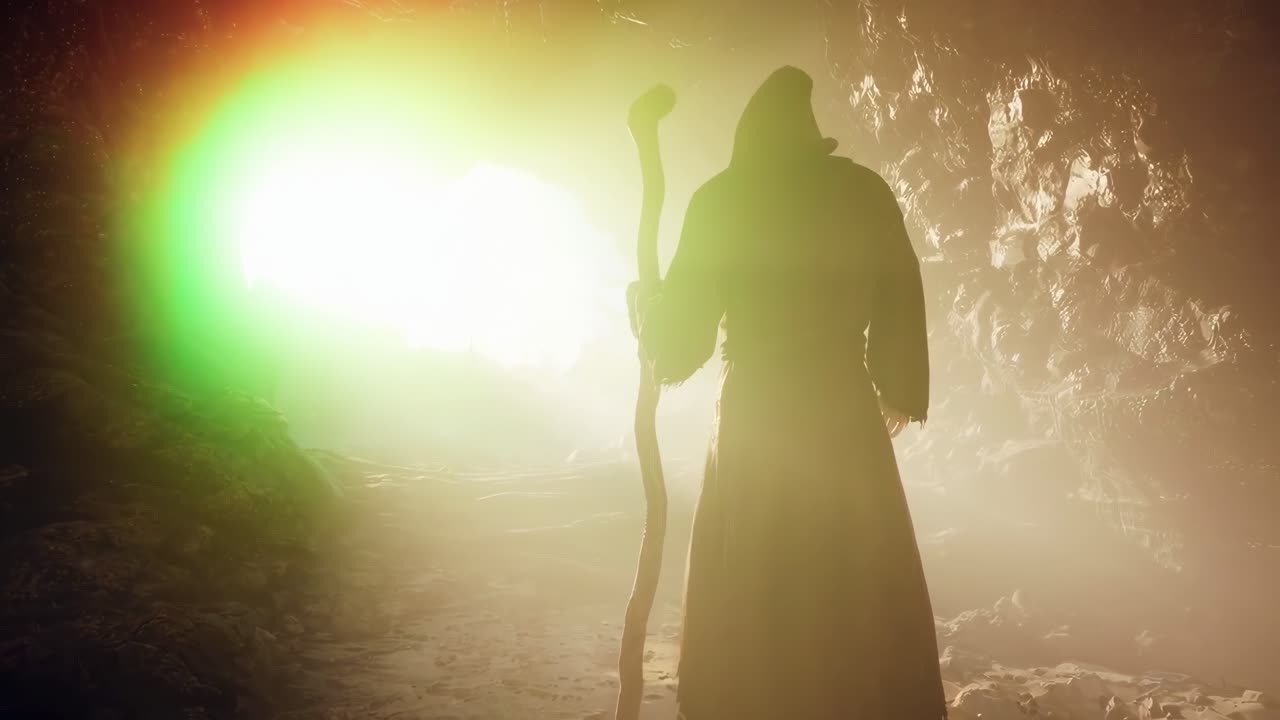 Una scena video mistica di una figura incappucciata in una grotta, ripresa da dietro