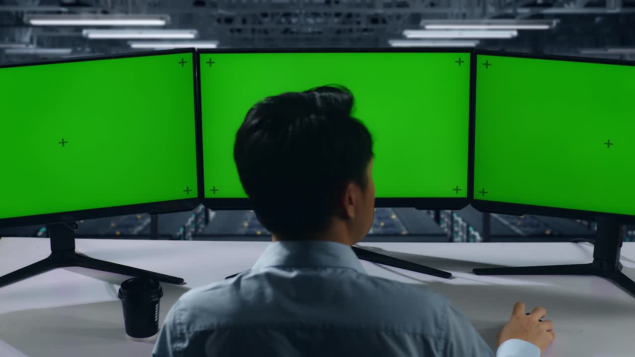 녹색 화면 모니터와 함께 서버 방에서 it 기술자