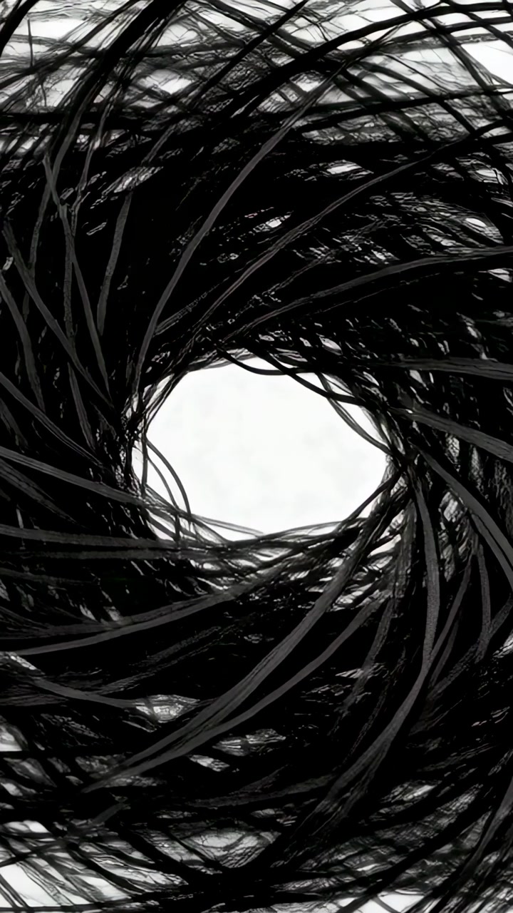 Vertical video: Black spiral rotating, strands sliding and morphing on white into starburst tech