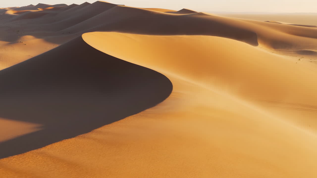 Vaste dune di sabbia dorata all'alba, cresta curva e ampia con profondo contrasto d'ombra, calde tonalità ambrate, vento.