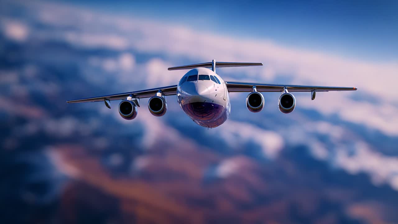 Vista aerea di un aereo di linea commerciale che sorvola le montagne, che mostra il suo design elegante e i motori potenti sullo sfondo di splendide nuvole e cieli blu