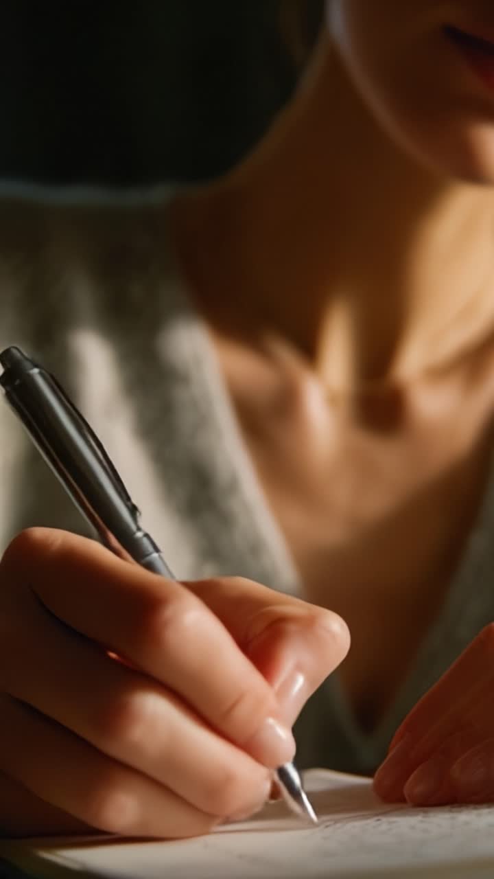 Konzentriertes Schreiben: Eine Nahaufnahme der Hand einer Person, die einen Stift hält und sorgfältig in ein Notizbuch schreibt, wodurch die intimen Momente des kreativen Prozesses eingefangen werden.
