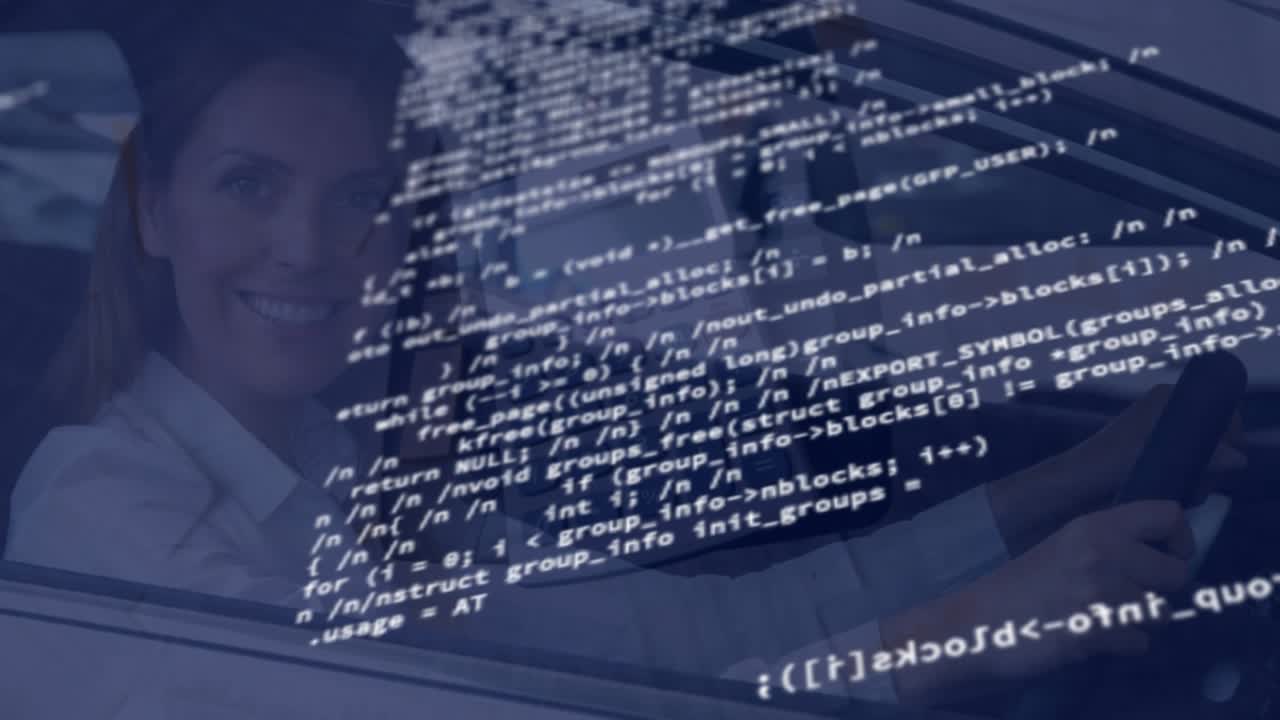 Animation of data processing over woman sitting in a car and calculator falling over documents