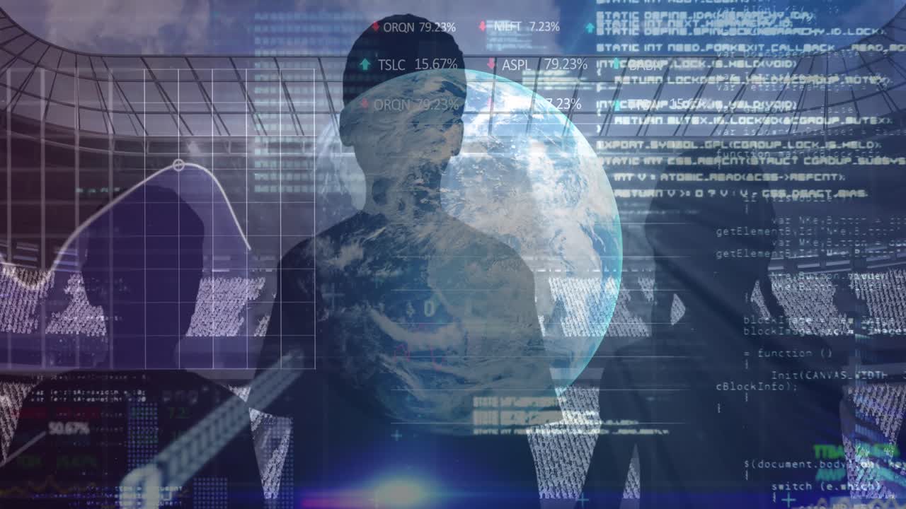 전 세계 주식 시장 데이터 처리 및 스포츠 스타디움에 대한 팬의 실루 ⁇