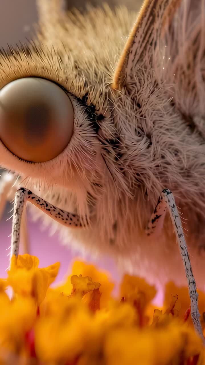 Vídeo vertical: câmera focando a cabeça e as patas dianteiras de uma mariposa se alimentando de floretes amarelos e pólen