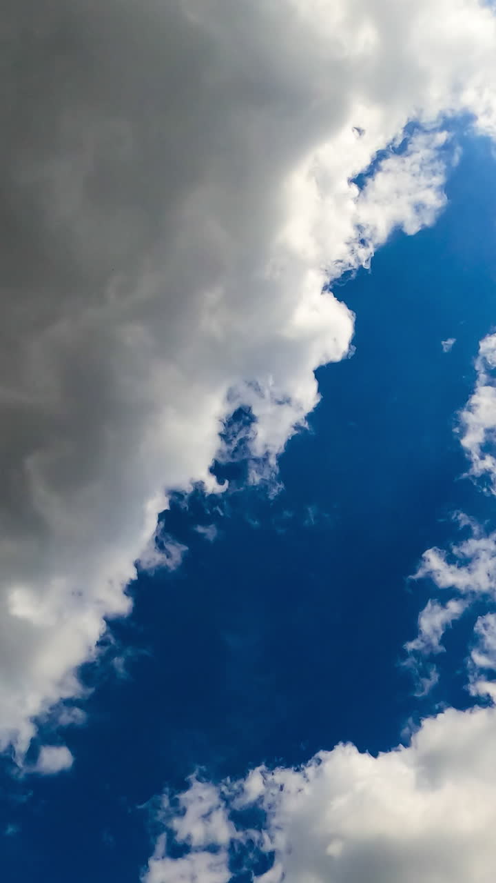 Cumulus clouds floating by the bright blue sky. White and grey clouds fully covering the horizon. Timelapse. Vertical video