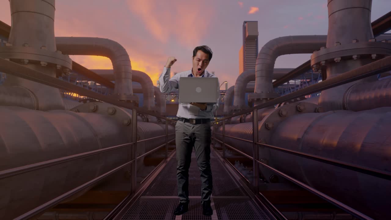 Figura intera di un professionista asiatico in piedi con il suo laptop, rete di condotte industriali al tramonto, alza il pugno in alto esultando.