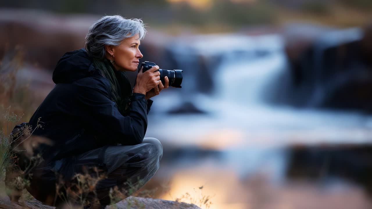 Um fotógrafo apaixonado captura a beleza da natureza: um momento sereno perto da cachoeira ao entardecer, enfatizando a mistura de arte e meio ambiente