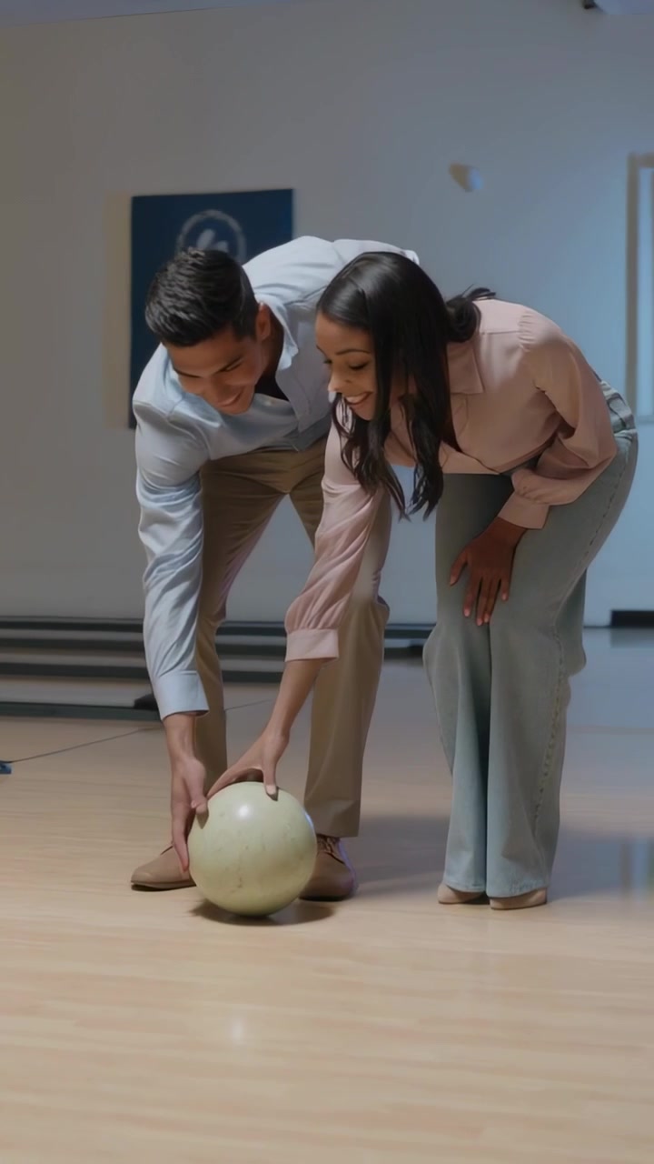 Video vertical: Pareja casual inclinándose y colocando las manos, avistando una pelota verde pálido.