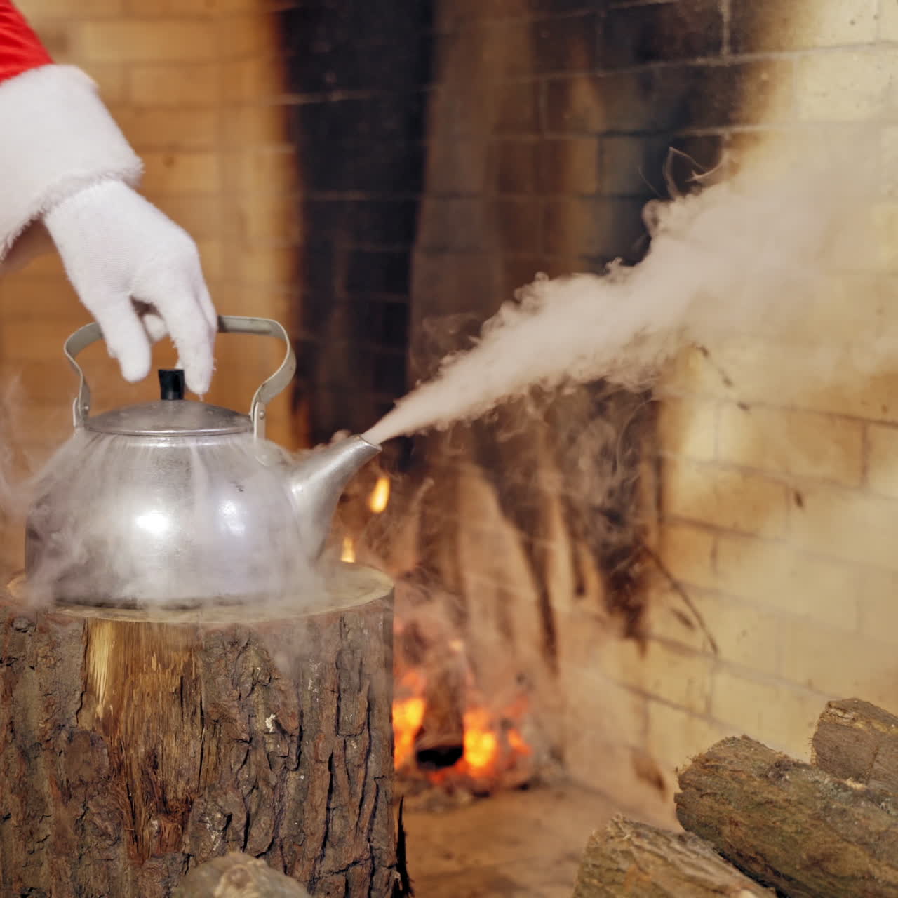 Boiling retro aluminium kettle. Teapot steams. Santa Claus takes a boiling kettle. Closeup. Teapot on a log.