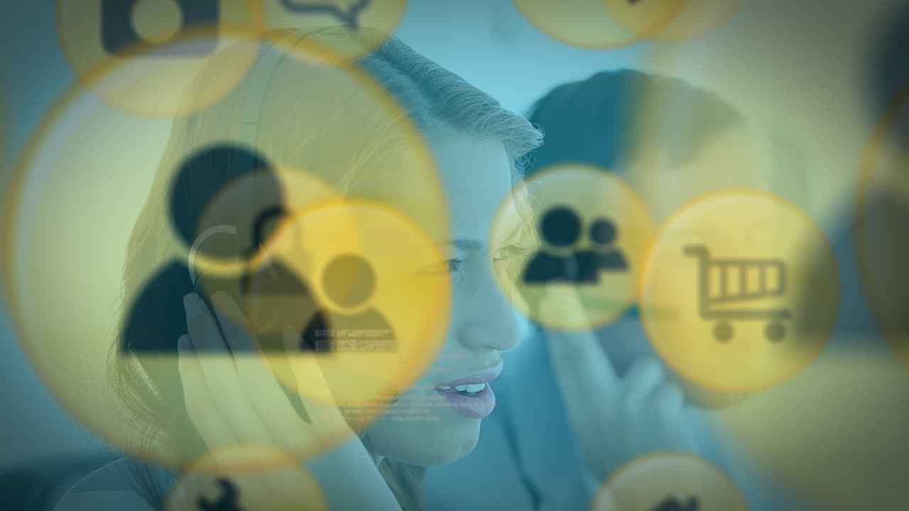 Animation af netværk af forbindelser med ikoner over forskellige forretningsfolk, der bruger telefonheadsets