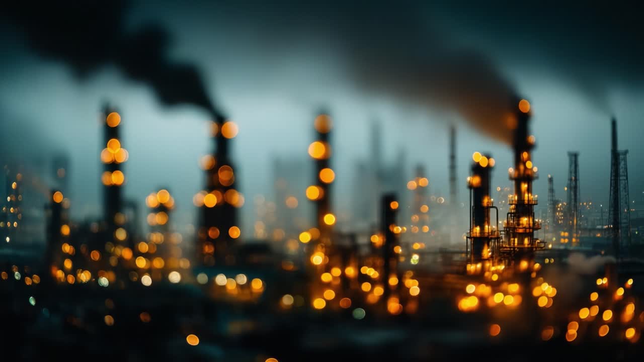 Une vue captivante d’un complexe industriel enveloppé de brume, avec d’imposantes cheminées et des lumières éclatantes, qui capture l’essence de la fabrication moderne et de la production d’énergie.