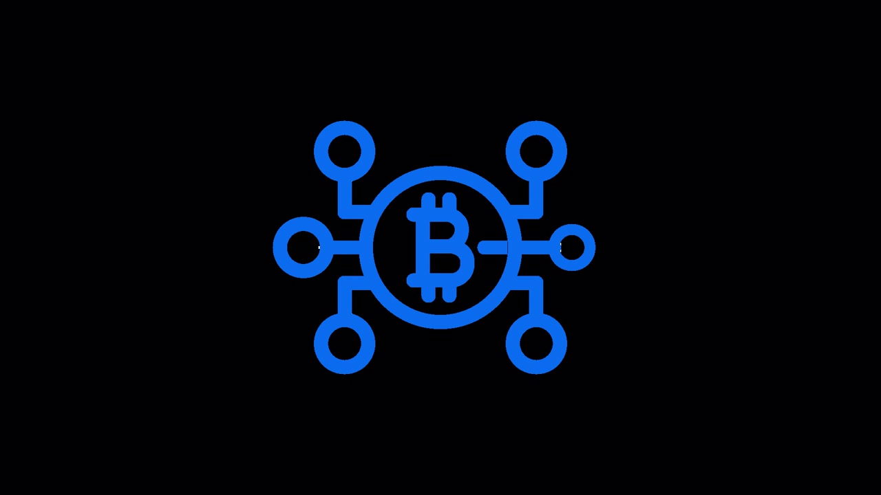 Simbolo Bitcoin blu animato in una rete decentralizzata