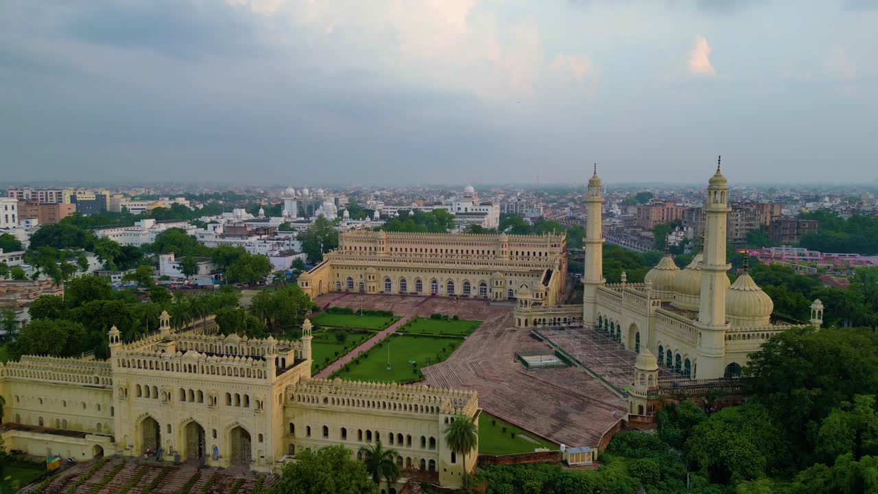Husainabad Clock Tower and Bada Imambara India Architecture view from drone