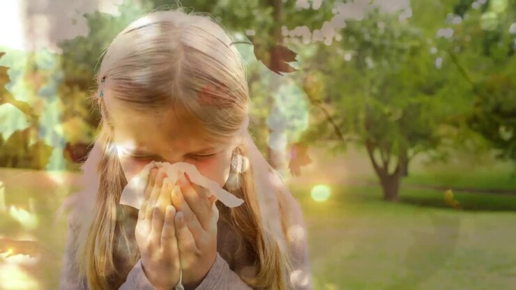 Foglie autunnali che cadono e ragazza che starnutisce mentre soffre di allergia 4k