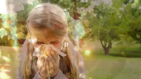 hojas de otoño que caen y una chica estornudando mientras sufre de alergia 4k