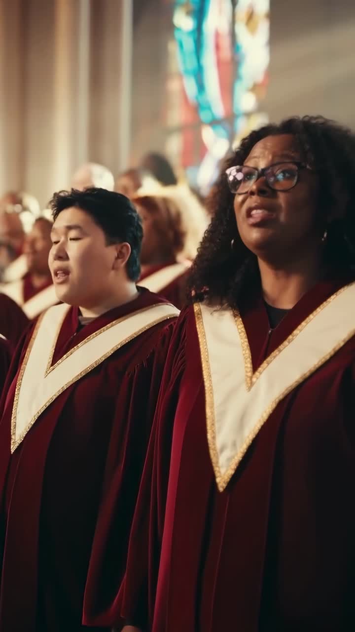 Un coro canta con passione in una chiesa, ripreso da un angolo laterale. Perfetto per un video a tema musicale