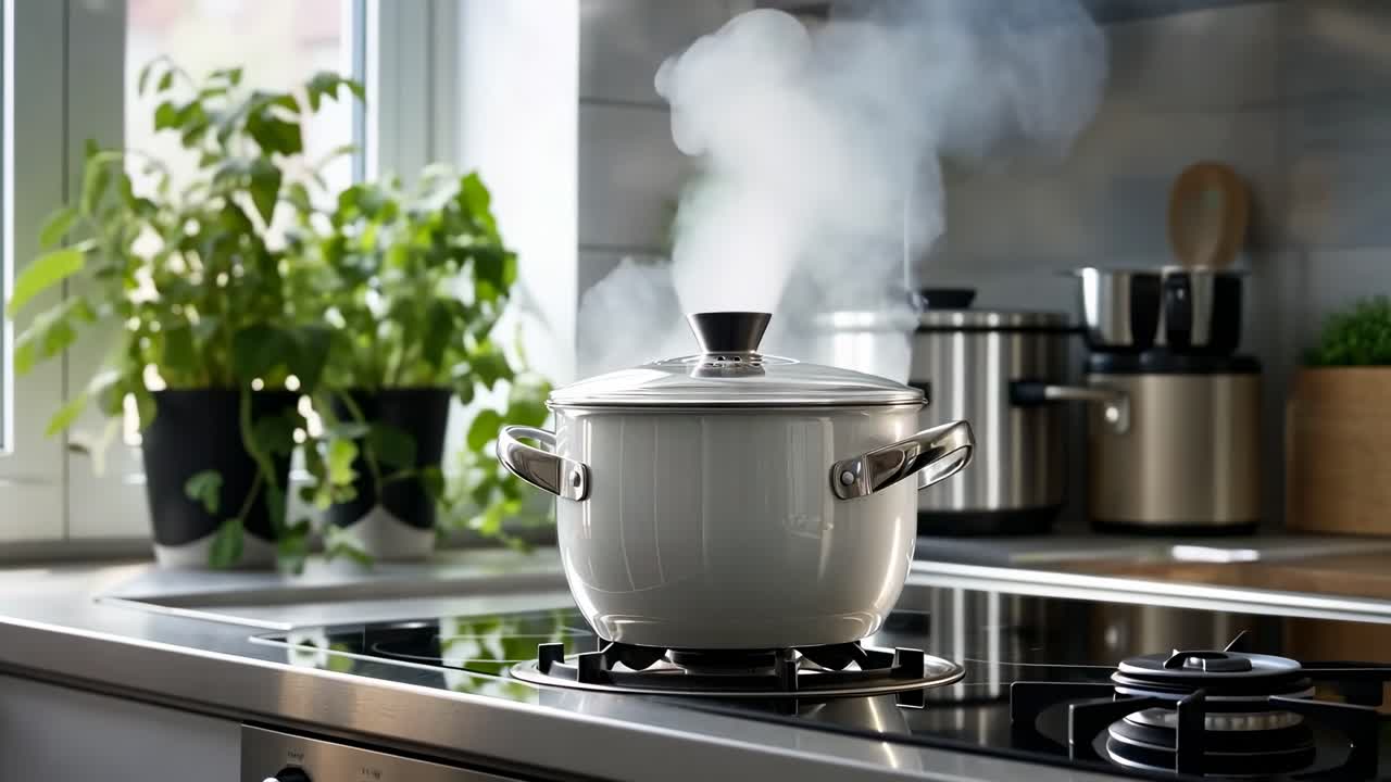 Panci mengepul di atas kompor dapur modern, diambil dari sudut samping