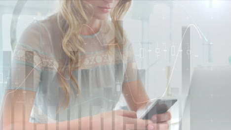 animation of statistics and data processing over businesswoman using smartphone