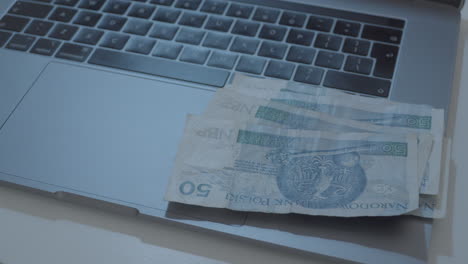 person counting polish zloty banknotes on modern laptop,close up