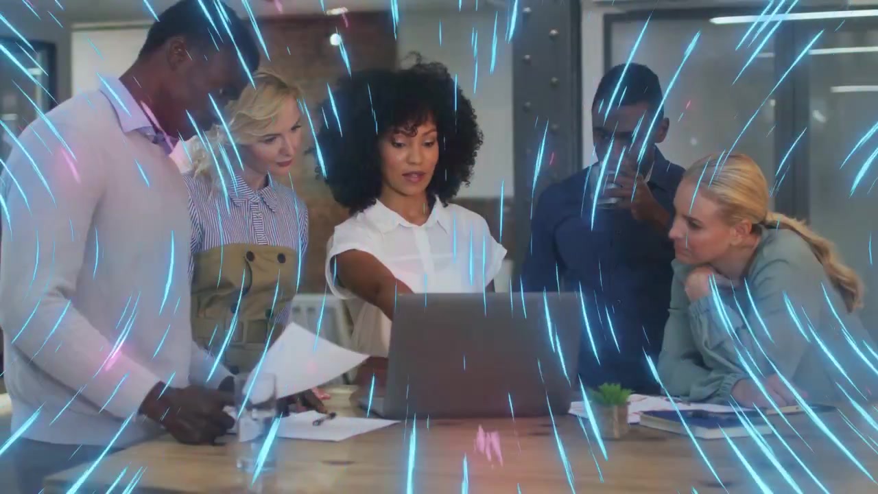 Team lead pointing at laptop team reviewing docs for business goals amid blue pink streaks sweeping