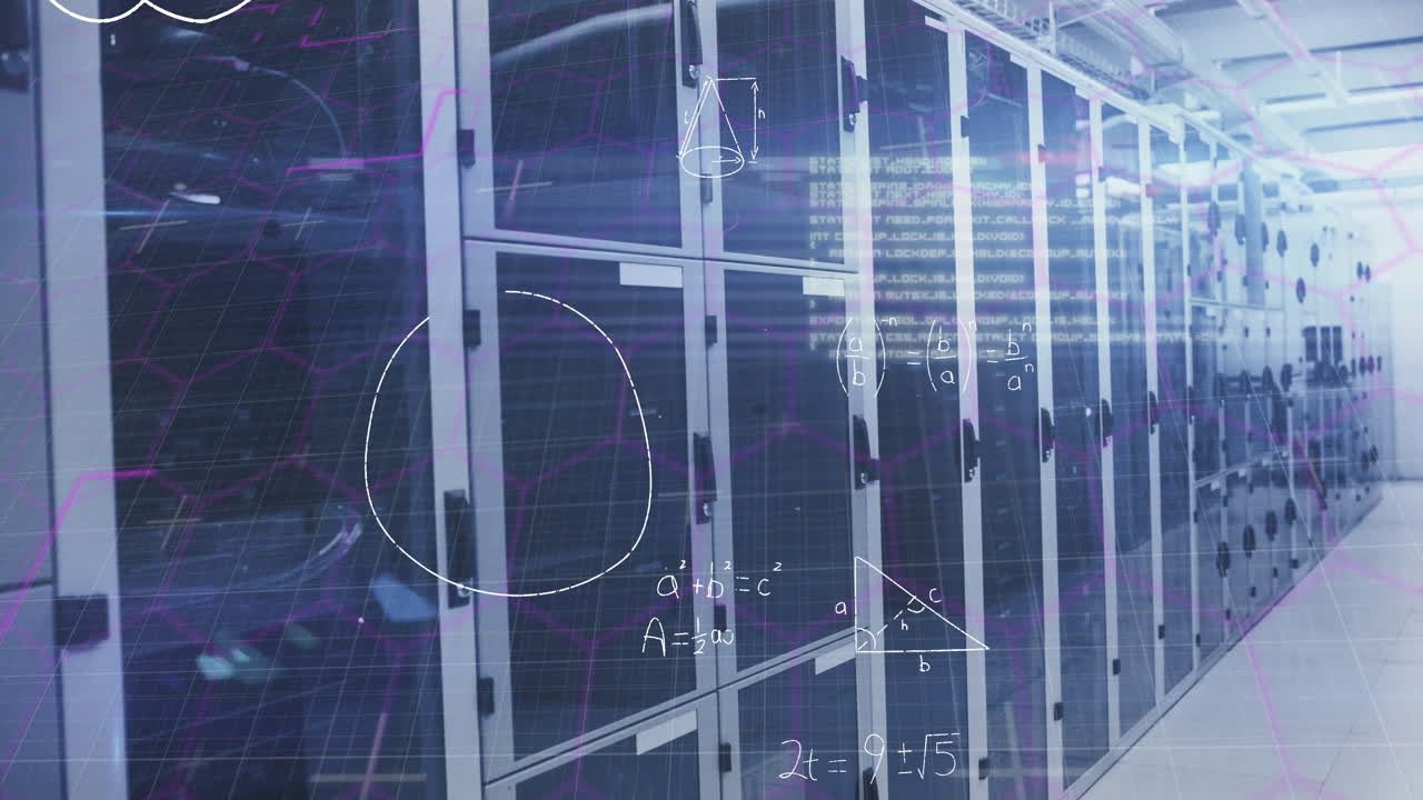 Animation of mathematical equations and data processing against computer server room