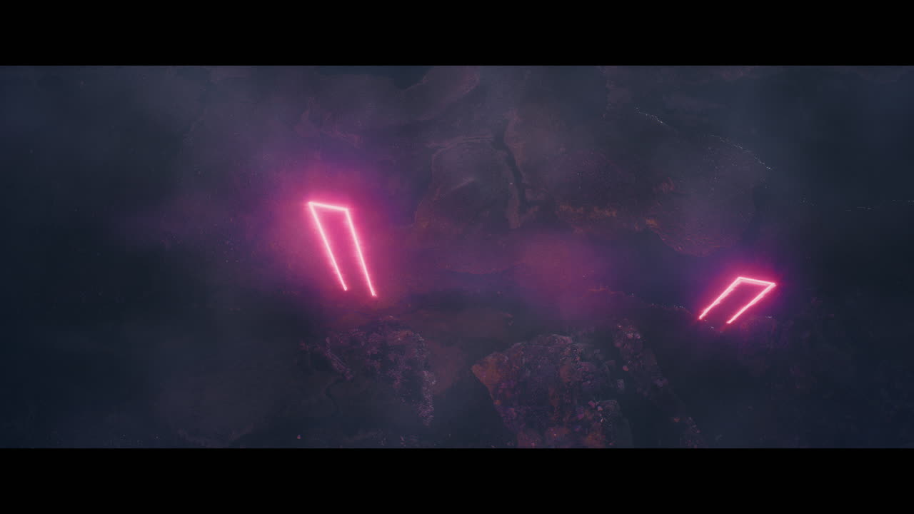 Rocky landscape with huge pink light portal structures