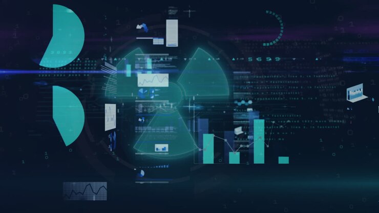 Animation of financial data processing over black background