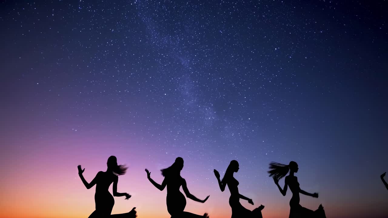 Silhouettes of four dancers under a starry sky at dusk