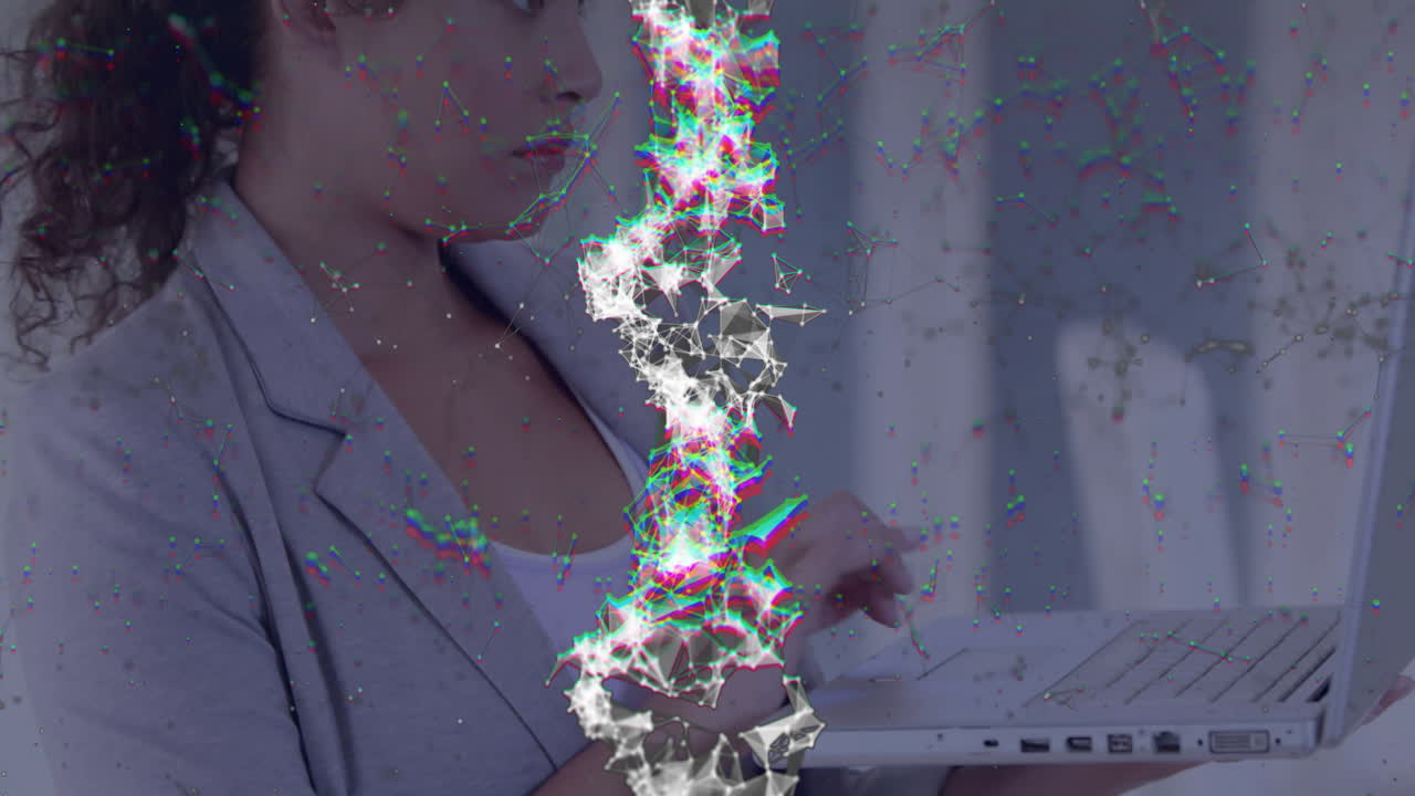 Business woman using laptop in office, showing glowing 3D network animation overlay